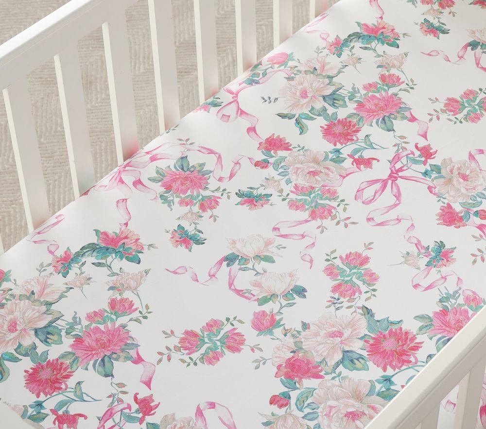 LoveShackFancy Cabbage Rose Bow Organic Cot Fitted Sheet